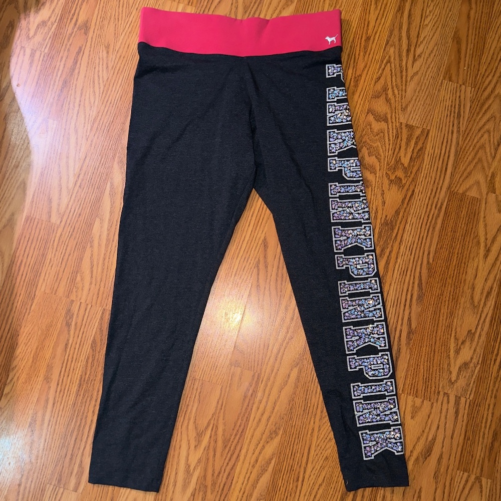 PINK Victoria’s Secret Yoga Leggings Black Sequins Logo Activewear Gym Pants L - Picture 3 of 9